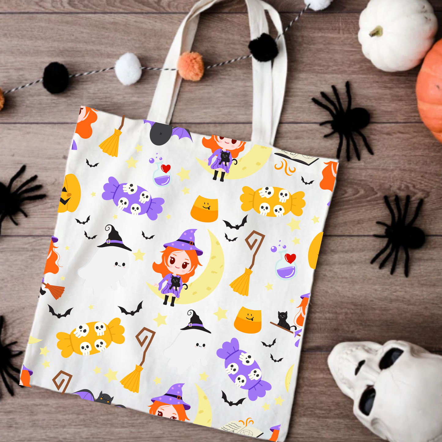 Tote Bag - Cute witch with Halloween Elements